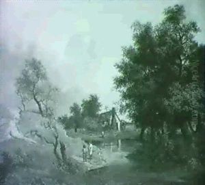 Figures Before A Cottage In A Wooded River Landscape by George Burrell Wilcock