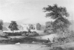 Figures By A Stream, A Ruined Abbey Beyond;                 A Rocky River Landscape Wit Ha Distant Village by George Burrell Wilcock