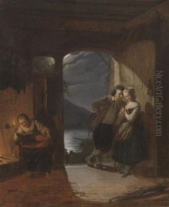 Die Aufwartung. Junges Paar Beim Liebesgefluster Unter Aufsicht Eines Alten Mutterchens by August De Wilde