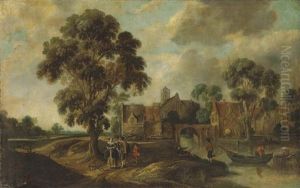 A Wooded River Landscape With Figures Strolling On A Path By A Village And Others Conversing By The Water A Wooded River Landscape With Figures Strolling On A Path By A Village And Others Conversing By The Water