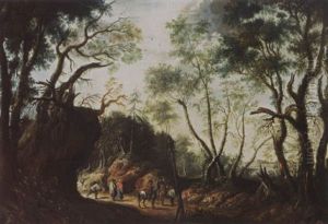 A Wooded Landscape With Horsemen And Travellers On A Path
