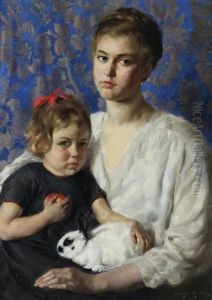 Portrait Of Mother And Child With Rabbit by Irving Ramsay Wiles