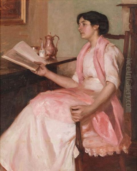 Portrait Of A Lady In A Pink Dress Reading - view 1