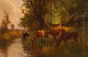 A Pastoral Landscape With Cattle Grazing And Watering In A Pond (+ Landscape; Pair) by Arthur Stanley Wilkinson