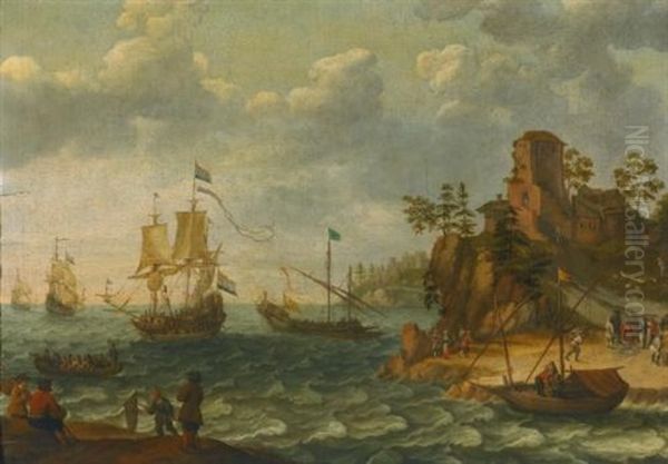 Ships Moored Off A Rocky Coastline With Fishermen Unloading Their Catch - view 1
