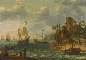 Ships Moored Off A Rocky Coastline With Fishermen Unloading Their Catch