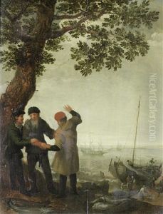 Three Fishermen Standing On The Seashore Under A Tree, With Boats In The Distance Three Fishermen Standing On The Seashore Under A Tree, With Boats In The Distance
