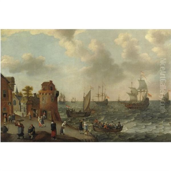 A Coastal Landscape With Numerous Figures On The Shore, A Dutch Fleet Setting Sail, And A Rowing Boat Approaching The Shore - view 1