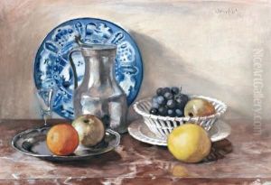 Stilleven Met Fruit, Tinnen Klepkan Enblauw-wit Bord by Andre Broedelet