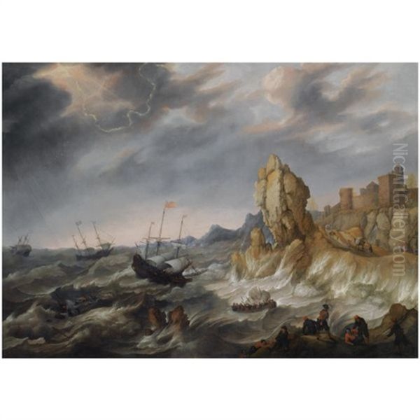 Shipping In A Heavy Storm Along A Rocky Coast, With Shipwrecked Figures Climbing On Shore In The Foreground, A View Of A Town Beyond by Abraham Willaerts