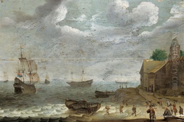 Kustenlandschaft Mit Schiffen Und Vielen Figuren - view 1