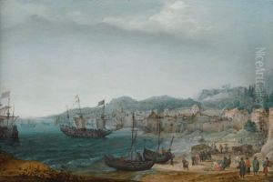 A Fortified Coastal Town With Fishermen Unloading Their Catch And Larger Vessels Offshore by Adam Willaerts