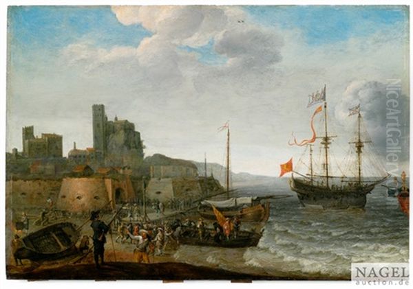 Kustenpartie Mit Segelschiffen Vor Einer Befestigten Stadt - view 1