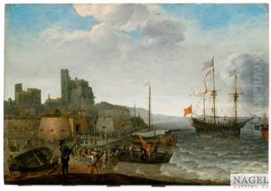 Kustenpartie Mit Segelschiffen Vor Einer Befestigten Stadt by Adam Willaerts