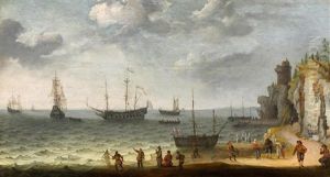 Kustenpartie Mit Seglern Vor Einem Hafen by Adam Willaerts