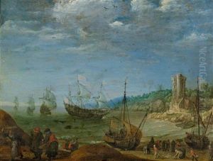 Ships Off The Coast Of Utrecht, With The Bijlhouwerstoren Tower On The Right by Adam Willaerts