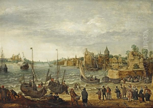 Fishermen Bringing In The Catch, Elegant Figures Purchasing Fish On The Bank And Numerous Other Figures, A Fortified Town Beyond - view 1