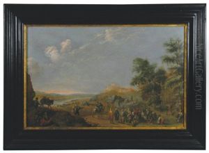 An Extensive River Landscape With Castle And Numerous Figures In The Foreground by Adam Willaerts