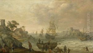 Kustenlandschaft Mit Fischern Und Fregatten Im Wind