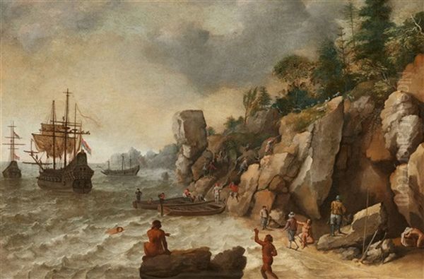 Coastal Landscape With Dutch Sailing Ships And A Hunting Scene - view 1
