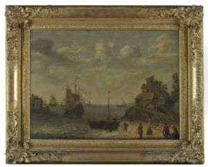 Scene De Port Avec Voiliers Dans La Rade Et Marchands De Poissons