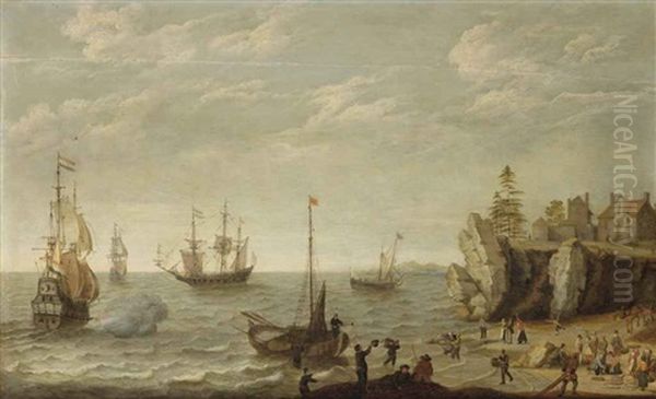 Dutch Merchants At Anchor In Choppy Waters Off A Rocky Coast In A Bay With Fishermen Unloading Their Catch - view 1