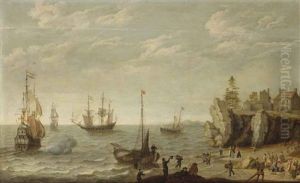 Dutch Merchants At Anchor In Choppy Waters Off A Rocky Coast In A Bay With Fishermen Unloading Their Catch