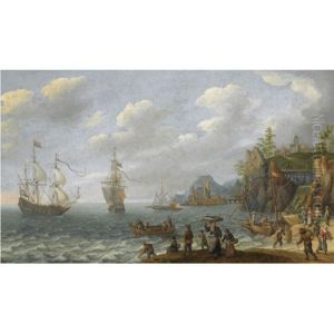 A Coastal Landscape With Two Dutch Merchant Ships And Other Barges In Choppy Waters Off The Coast, Fishermen Unloading Their Catch In The Foreground, A Hill Top Town Beyond
