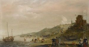 A Coastal Landscape With Elegant Figures On The Shore And Fishermen Unloading Their Catch A Coastal Landscape With Elegant Figures On The Shore And Fishermen Unloading Their Catch