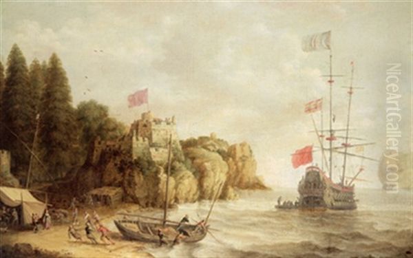 Felsige Kustenlandschaft Mit Einem Ankernden Dreimaster Und Einem Von Fischern An Den Strand Gezogenen Boot, Auf Der Anhohe Links Im Bild Ein Kastell Mit Einer Wehenden Fahne - view 1