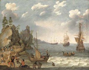 A Coastal Landscape With Shipping And Fishermen Selling Their Catch, A Fortified Settlement On The Cliffs Beyond A Coastal Landscape With Shipping And Fishermen Selling Their Catch, A Fortified Settlement On The Cliffs Beyond