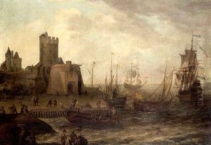 Shipping At Anchor Off A Harbour With Fisherfolk And Other Figures On The Quayside by Isaac Willaerts