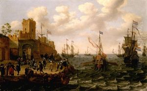 A Coastal Landscape With Dutch Men Of War And Barges Off The Coast, Orientals And Other Figures Before The Walls Of A Town In The Foreground