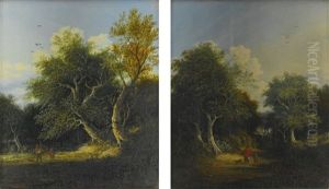 Two Wooded Landscapes With Figures On A Path by George Barrell Willcock