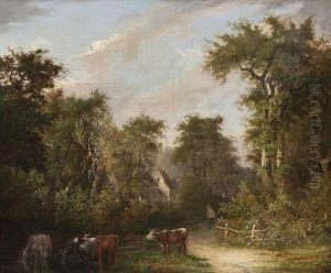 Cattle In A Wooded Landscape by George Barrell Willcock