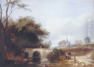 Landscape With Figure Leaning Against A Wooden Fence Beside A Stone Bridge, A Parish Church Beyond by George Barrell Willcock