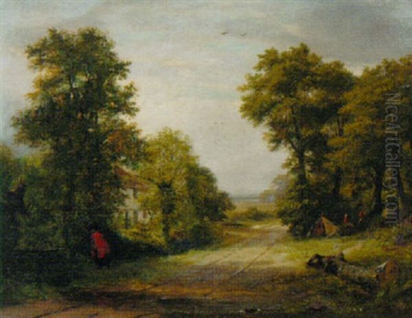 A Gypsy Encampment By A Cottage In A Wooded Landscape - view 1