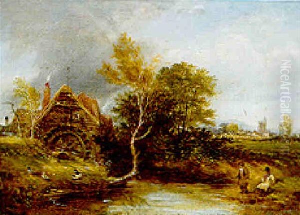 Children Fishing By A Watermill - view 1