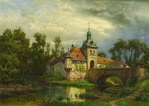 Wasserschloss Mit Heimkehrendem Reiter