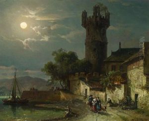Rudesheim Am Rhein. Vollmondnacht Am Adlerturm