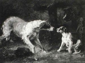 Hundefamilie Am Fresnapf Vor Dem Verschlag by Clara (Boettcher) von Wille