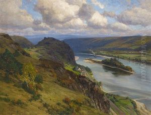 Blick Uber Den Rhein Auf Die Burgruine Hammerstein, Die Hammersteiner Werth Und Das Stadtchen Namedy Jenseits Des Flusses Blick Uber Den Rhein Auf Die Burgruine Hammerstein, Die Hammersteiner Werth Und Das Stadtchen Namedy Jenseits Des Flusses