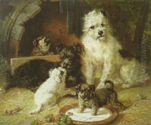 Zwei Hunde Mit Drei Welpen Im Stroh Am Futternapf