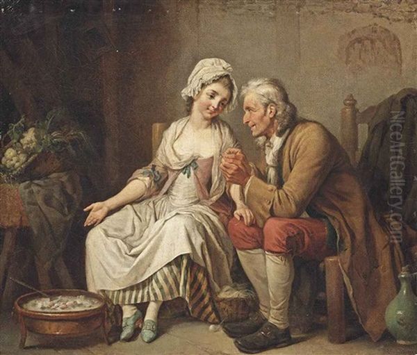 An Old Man Threading A Needle For A Young Seamstress Before A Brazier Of Coals - view 1