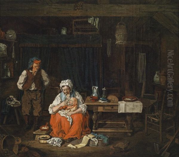 Bauerliches Interieur Mit Einer Stillenden Jungen Mutter - view 1