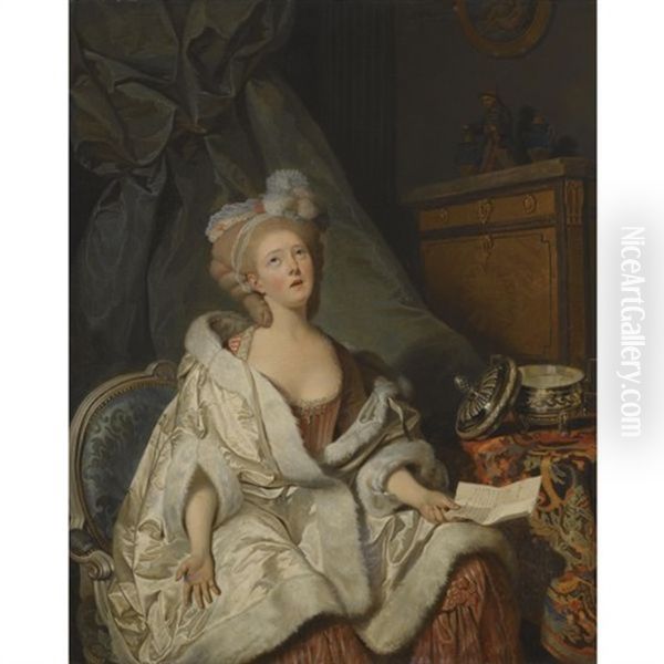 An Elegantly Dressed Lady Seated At A Table, Reading A Letter - view 1