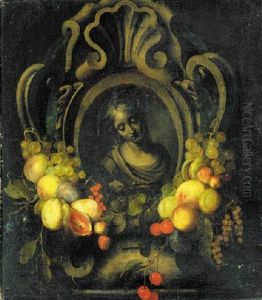 A Still Life Of Fruit And Flowers Surrounding A Cartouche Of The Virgin by Petrus Willebeeck