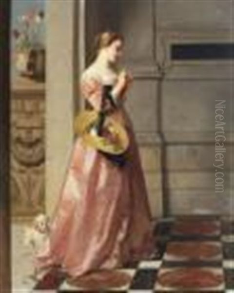 Lady Standing Full-length In A Pink Satin Dress With Small Dog In Attendance - view 1
