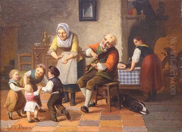 Family Genre Scene With Dog - view 1