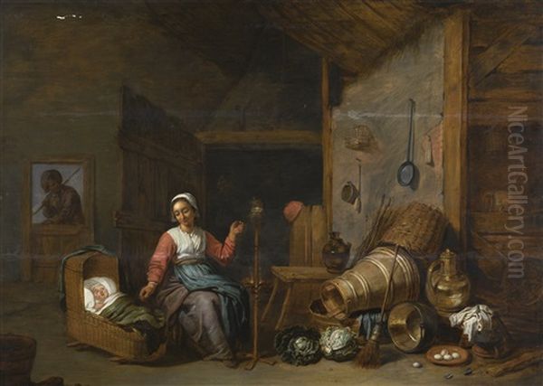 Interior With A Mother Spinning Yarn By A Cradle - view 1